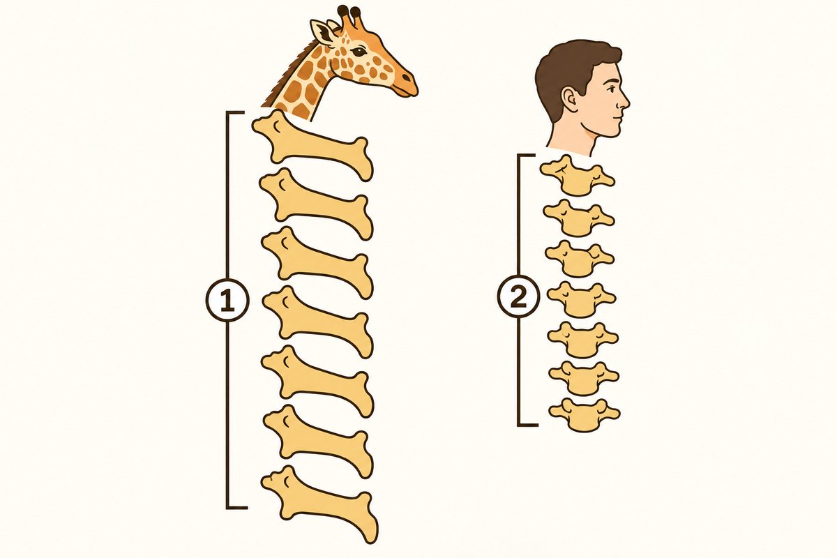 キリンと人の首の骨を並べたイラスト。どちらも7個で、キリンは1個1個がとても長い。