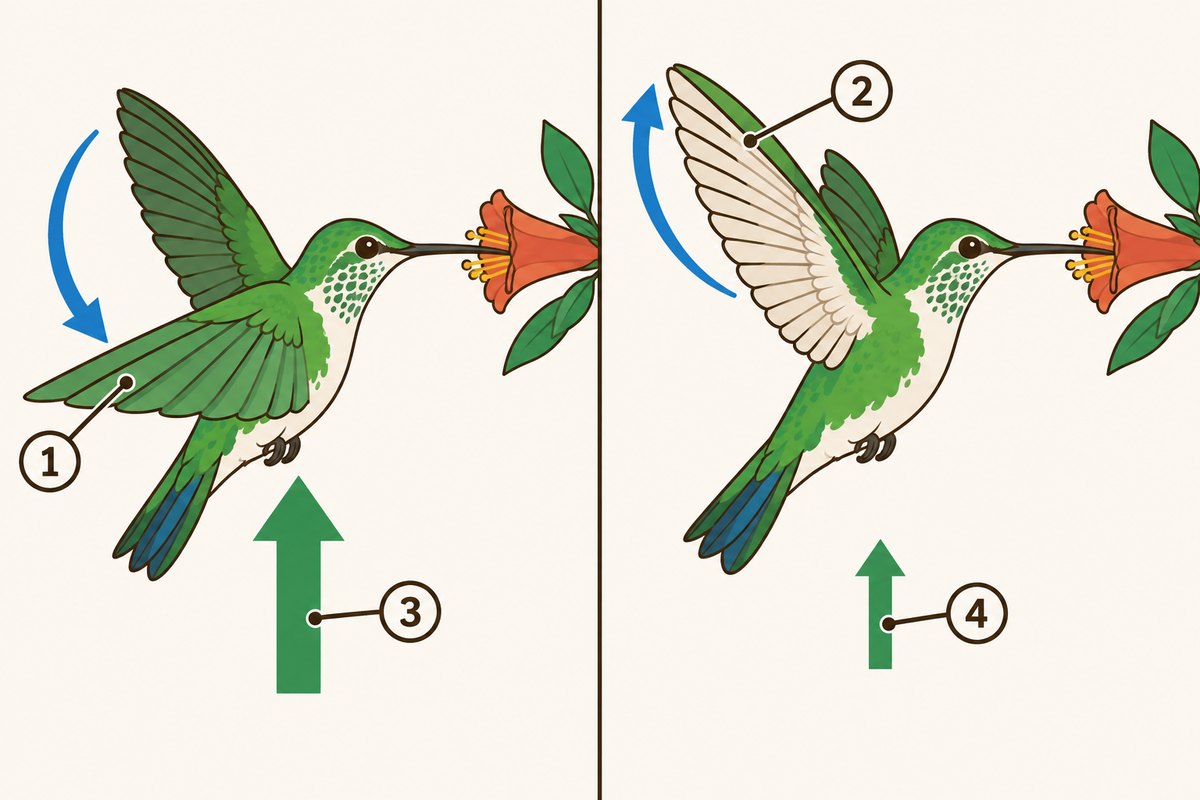 Illustration of a hummingbird hovering at a flower. Left: the downstroke. Right: the upstroke with the wing flipped over. Both make upward force.