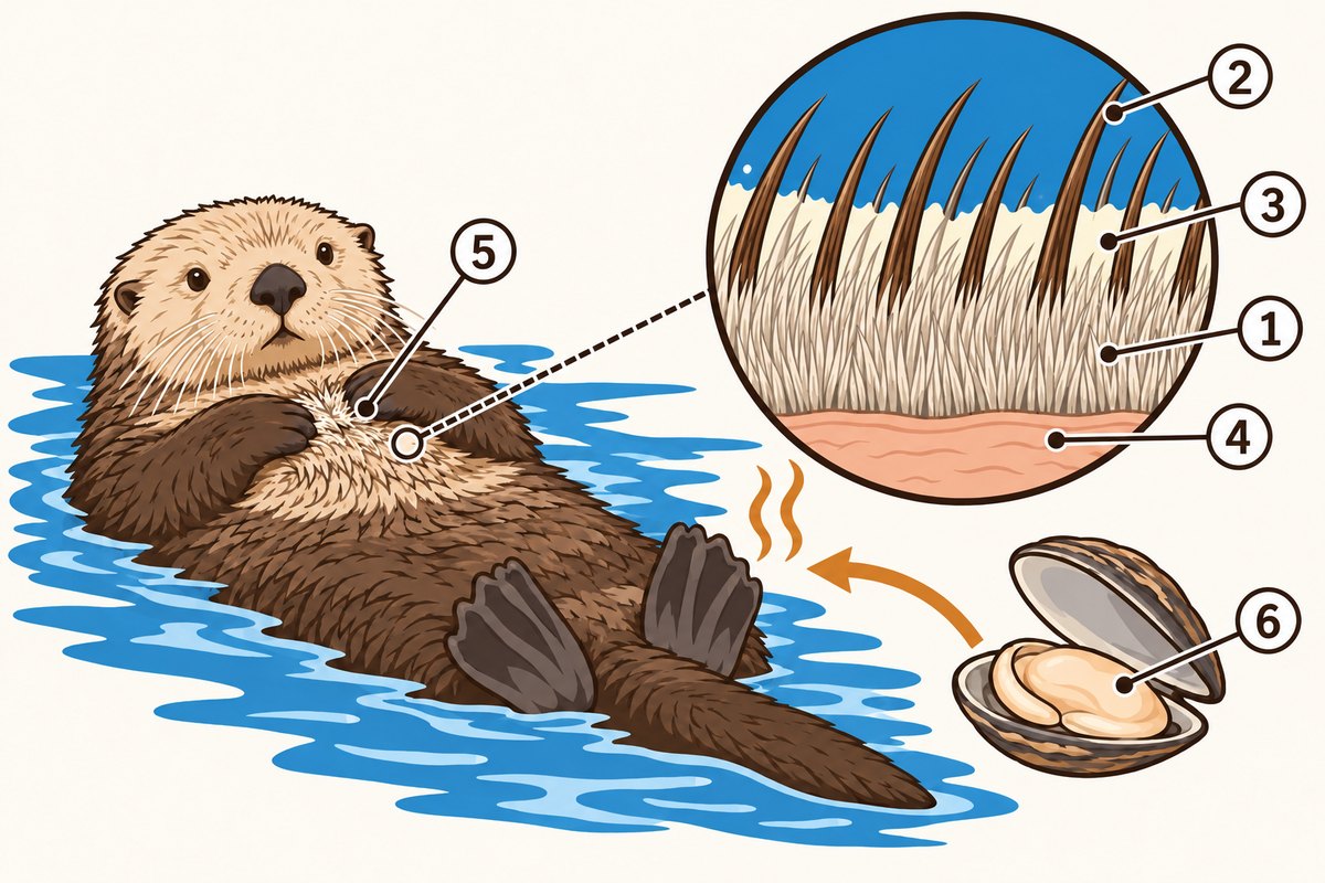 Illustration of a sea otter floating on its back. The close-up shows dense underfur, longer hairs and air trapped between them, plus grooming with the front paws and eating clams to make heat.