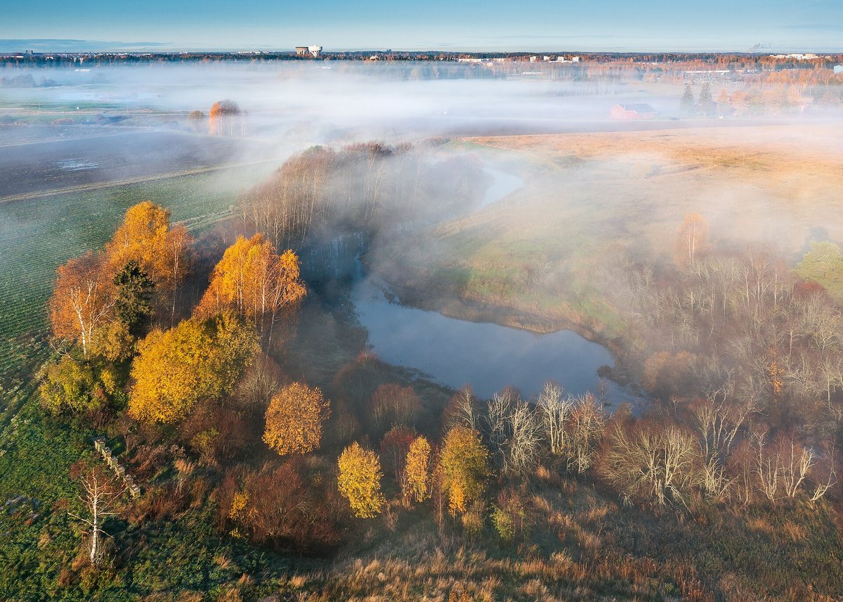 White morning fog covering a river and woods